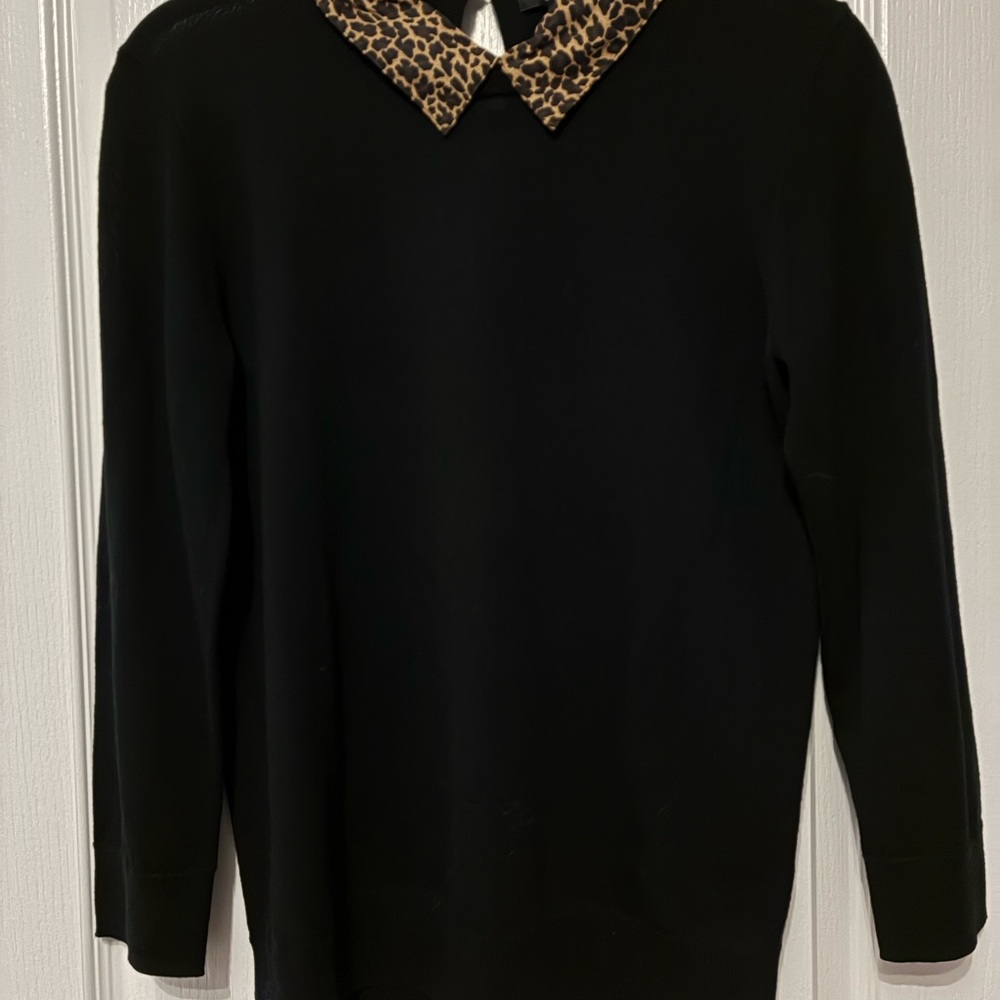 J. Crew 100%Merino Wool Black Sweater with Leopard Print Collar